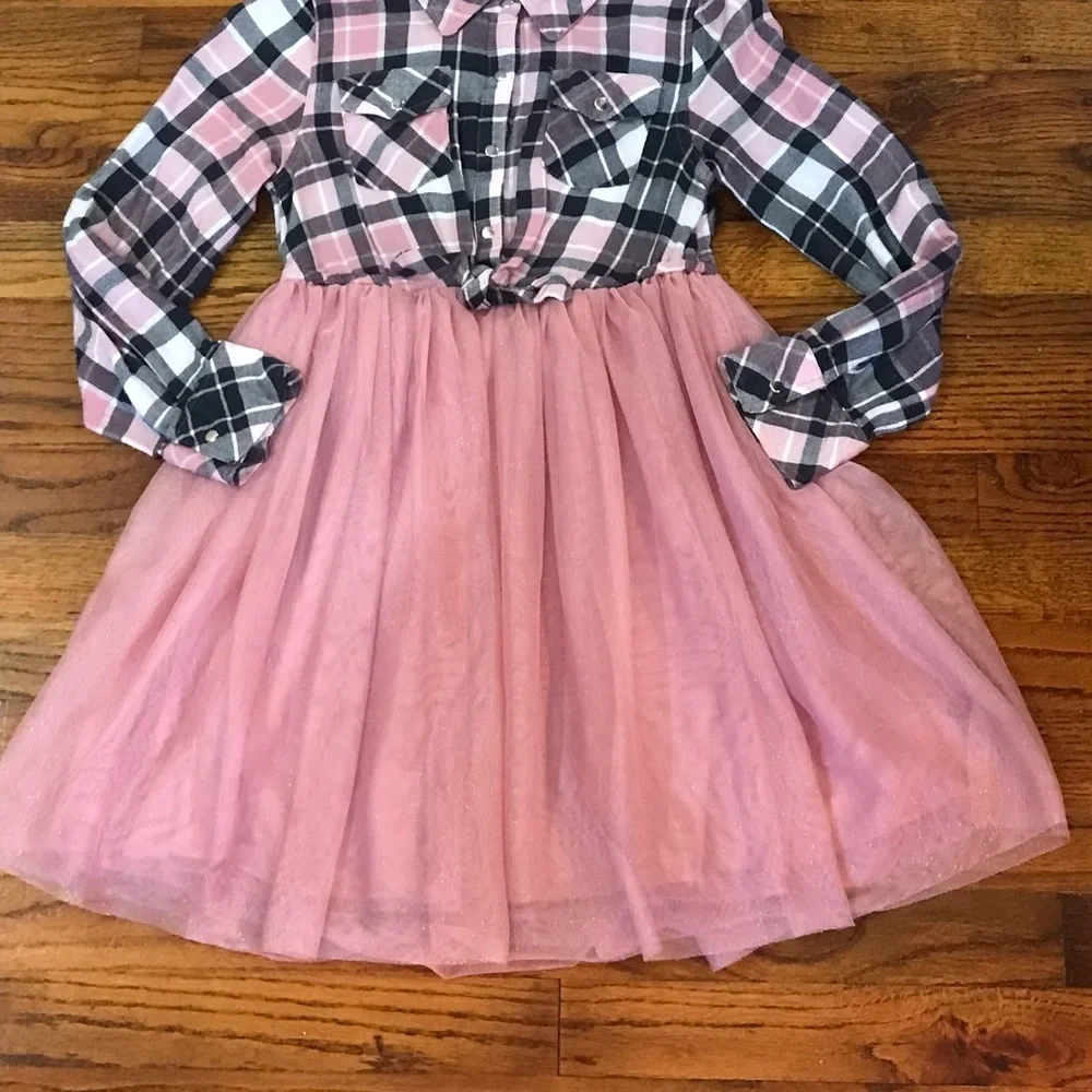 Girls Justice Pink / Black Plaid & Tulle Dress Size Medium 7 / 8 100% Polyester